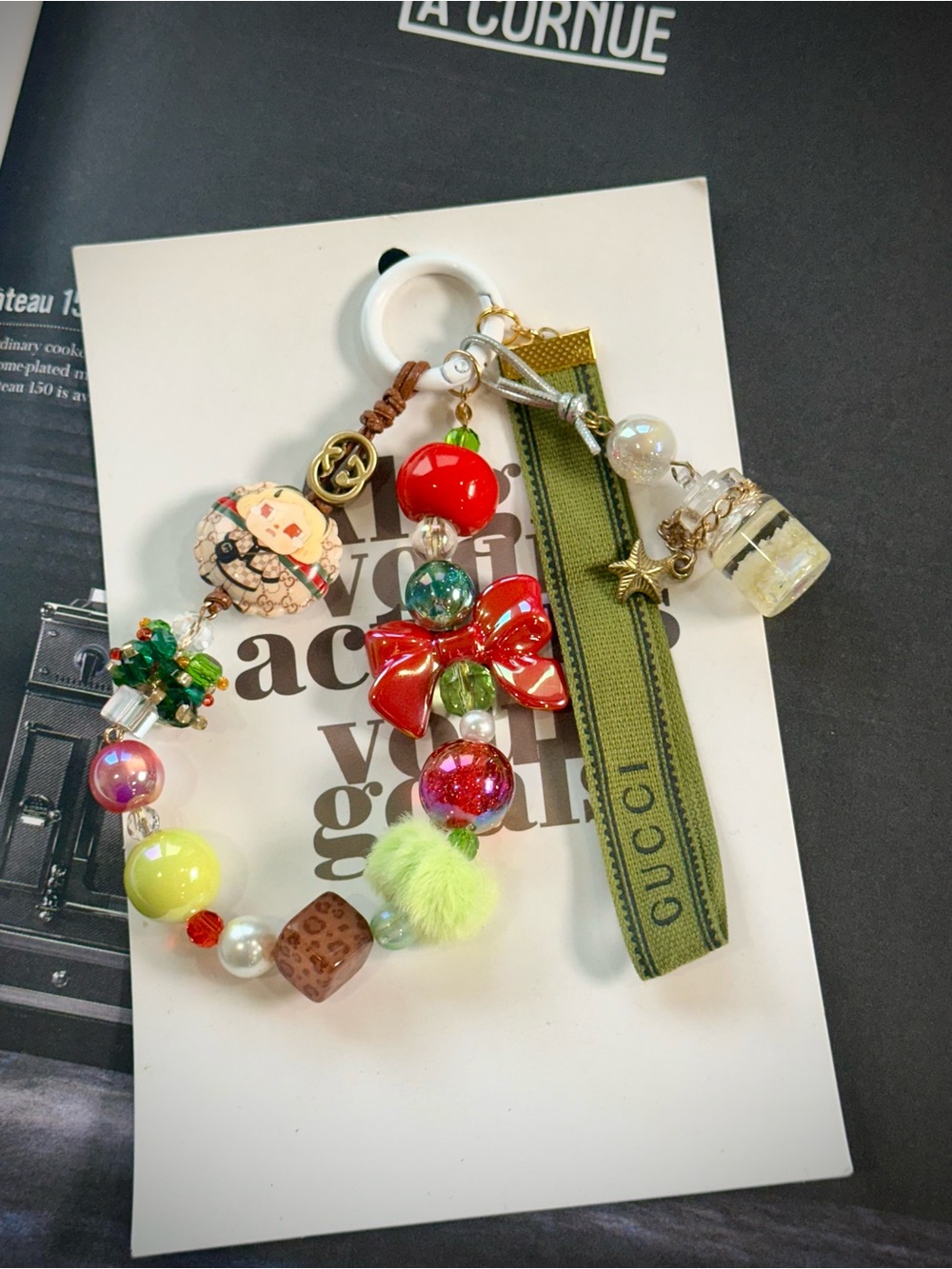 Authentic GG Ribbon and Christmas GG Bead & Wishing bottle Keychain Bag Charm